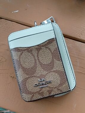 Coach Brown Signature Canvas Card Case with Light Tan Trim Picture Is Show Blue